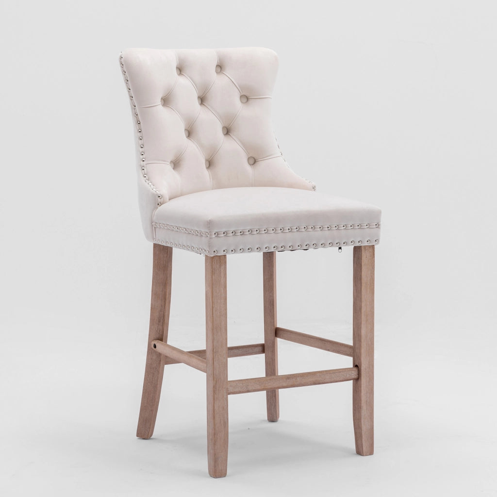 Sgabelli da Bar in Velluto con Bottoni e Gambe in Legno ¨C MINIMAL ¨C Set 2 Pezzi, Beige