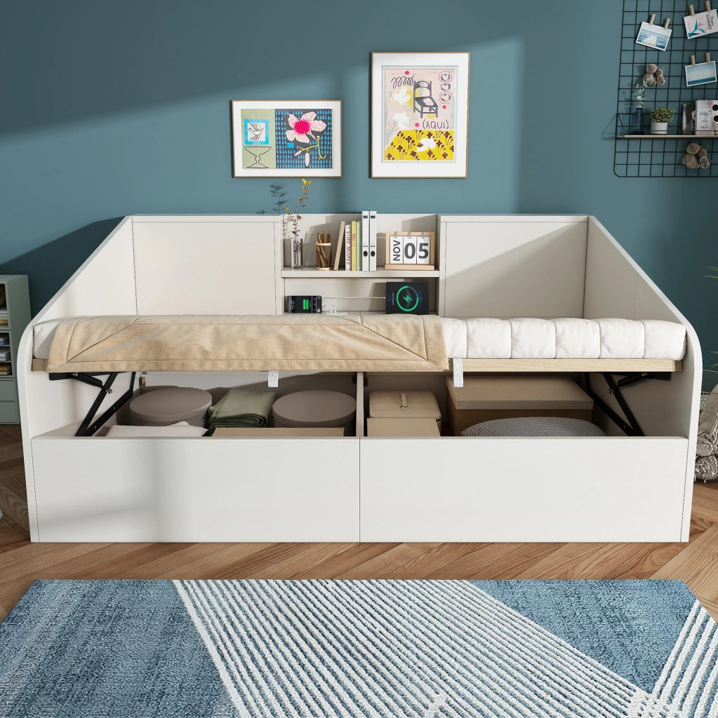 Letto da giorno ULEVR 90x200 cm bianco con contenitore idraulico, ripiani e ricarica USB/Type-C