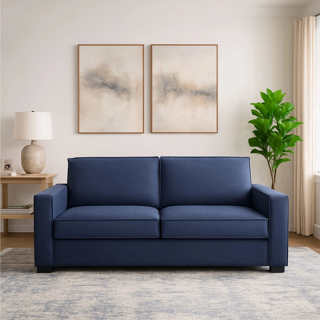 Divano fisso Arki, Divano a 2 posti, Made in Italy, SofÒ  Soggiorno in tessuto, con Braccioli standard, cm 180x95h90, Blu