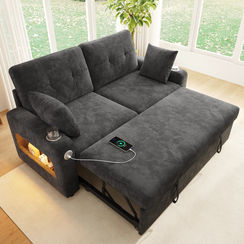 Divano letto 2 posti estraibile con USB Type-C; LED e braccioli con vano; grigio