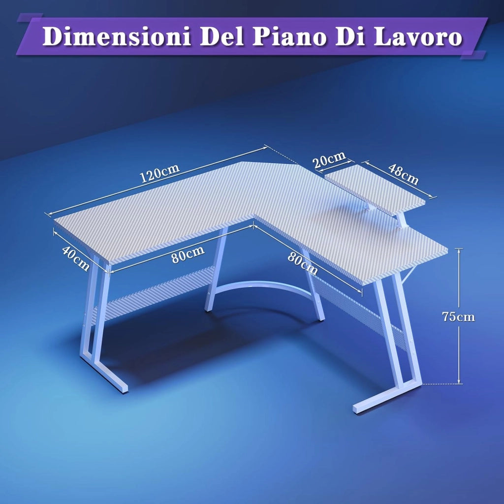 Scrivania per Computer 120 x 120 cm con Supporto per Schermo, Tavolo per Computer Ad Angolo, A Forma Di L, per Studiare, Giocare E Lavorare, In Carbonio Bianco