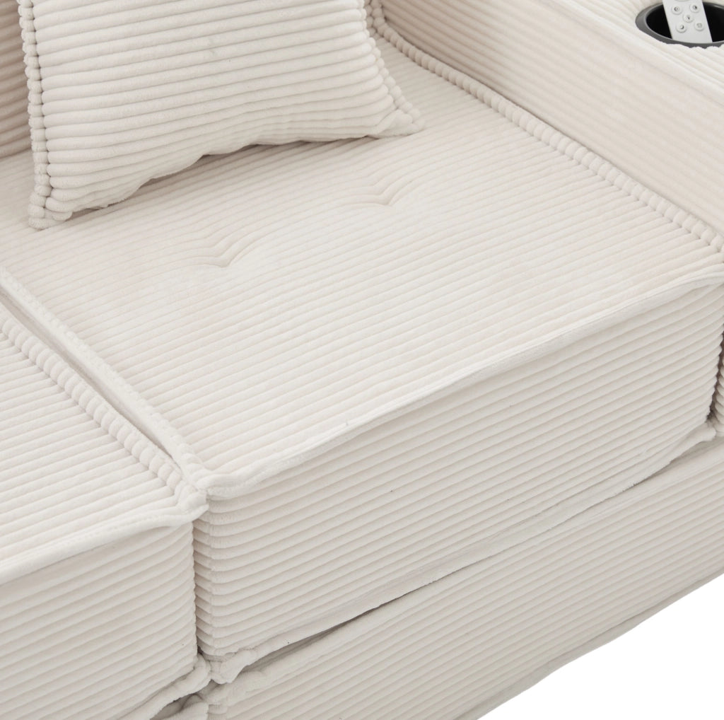 Divano a due posti modulare beige in velluto a coste con tasche laterali e due morbidi cuscini