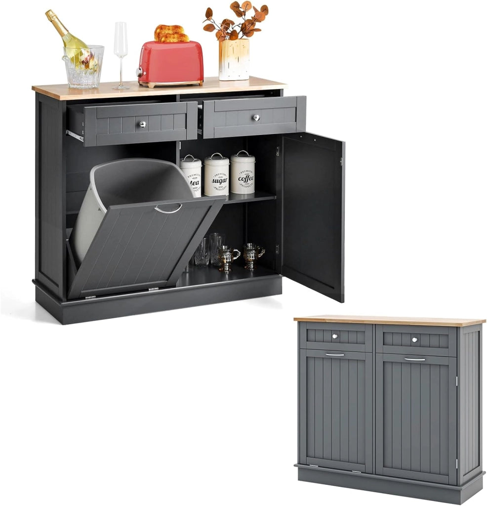 Credenza Cucina con Supporto per Bidoni della Spazzatura 42 L, Mobile Dimpensa Portaoggetti con 2 Cassetti e Ripiano Regolabile, per Sala da Pranzo, Soggiorno, 100 x 35 x 90,5 cm (Grigio)