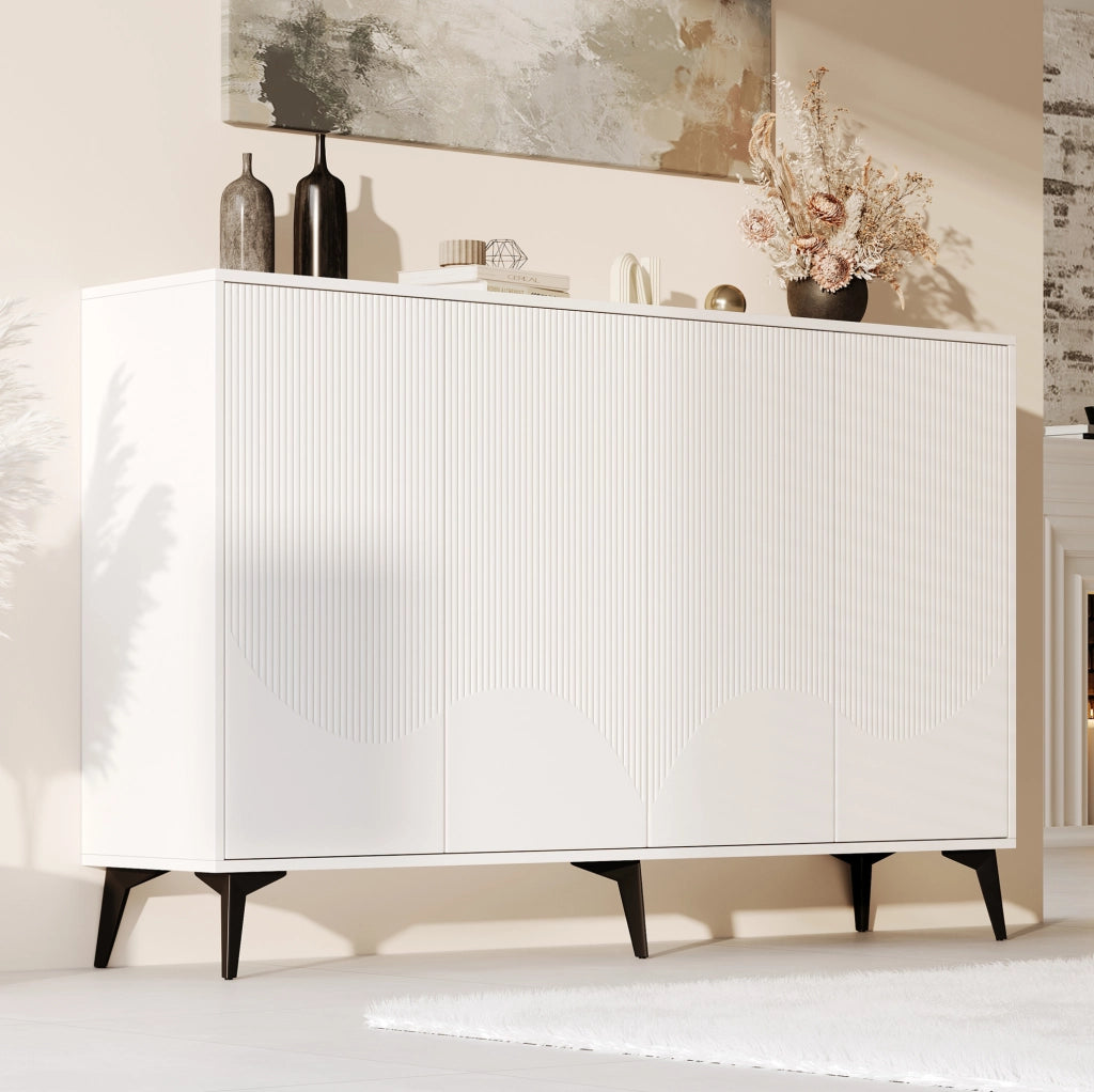 Credenza bianca 160 cm con ante incise e gambe in metallo