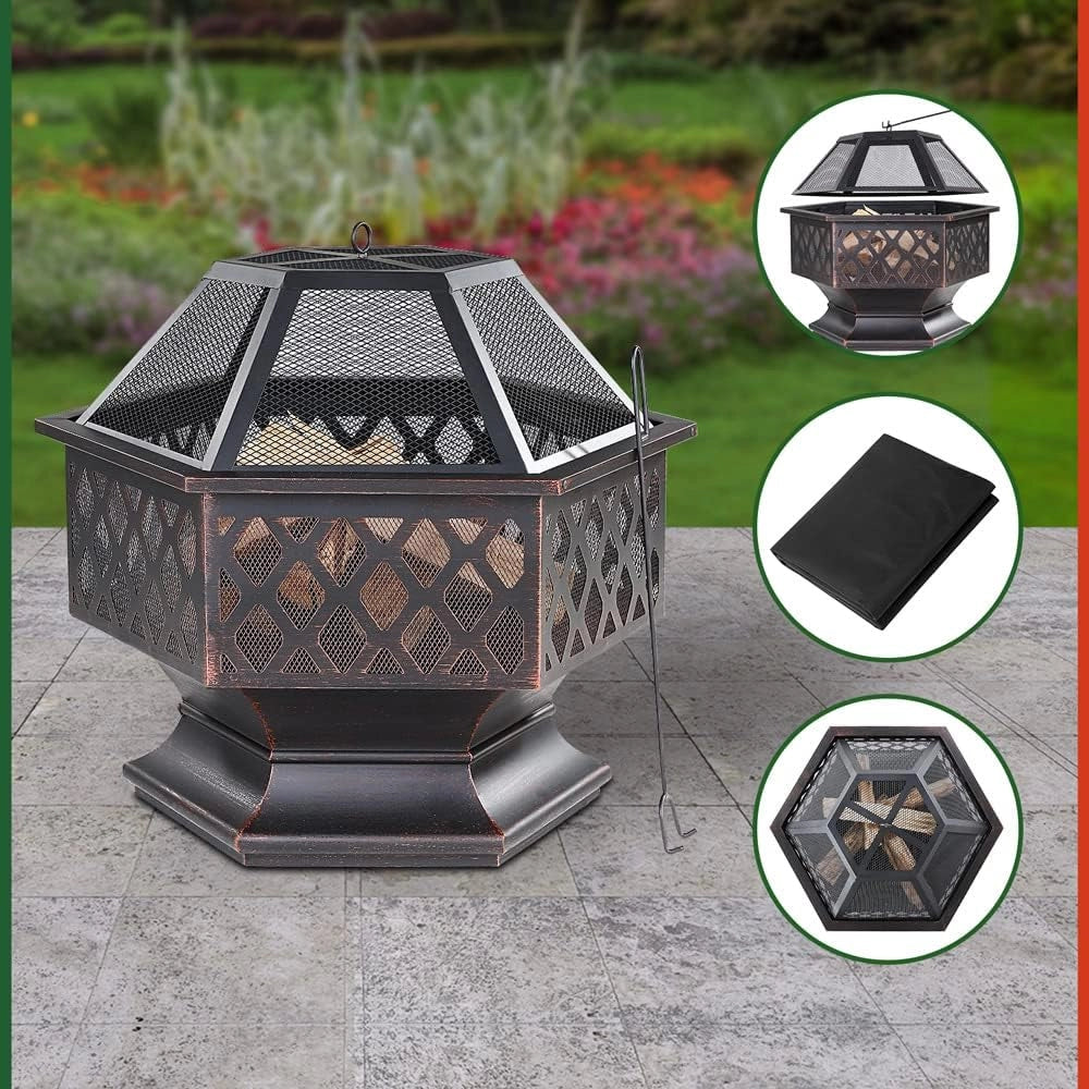 ® Braciere Esagonale 70x60,5cm Acciaio Parascintille Attizzatoio Bracieri Esterno Giardino