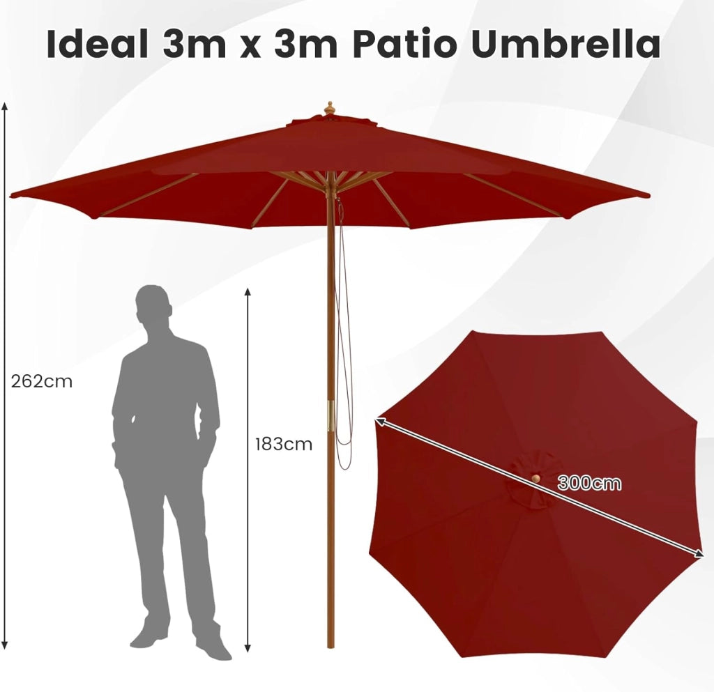 Ombrellone da Giardino 3 x 3 m, Ombrellone da Balcone Pieghevole, Parasole da Spiaggia Antivento in Tessuto di Poliestere con Costole, Ombrellon senza Base per Cortile