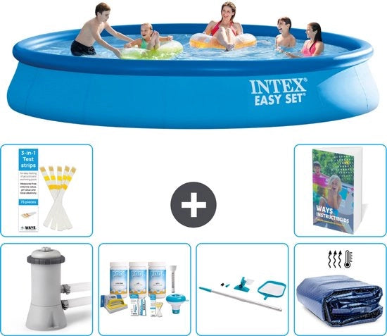 Piscina Opblaibile Rond Easy Set - 457 x 84 cm - Blu - Inclusa Pompa Kit Manutenzione - Kit Pulizia - Parasole Solare - 7 pezzi