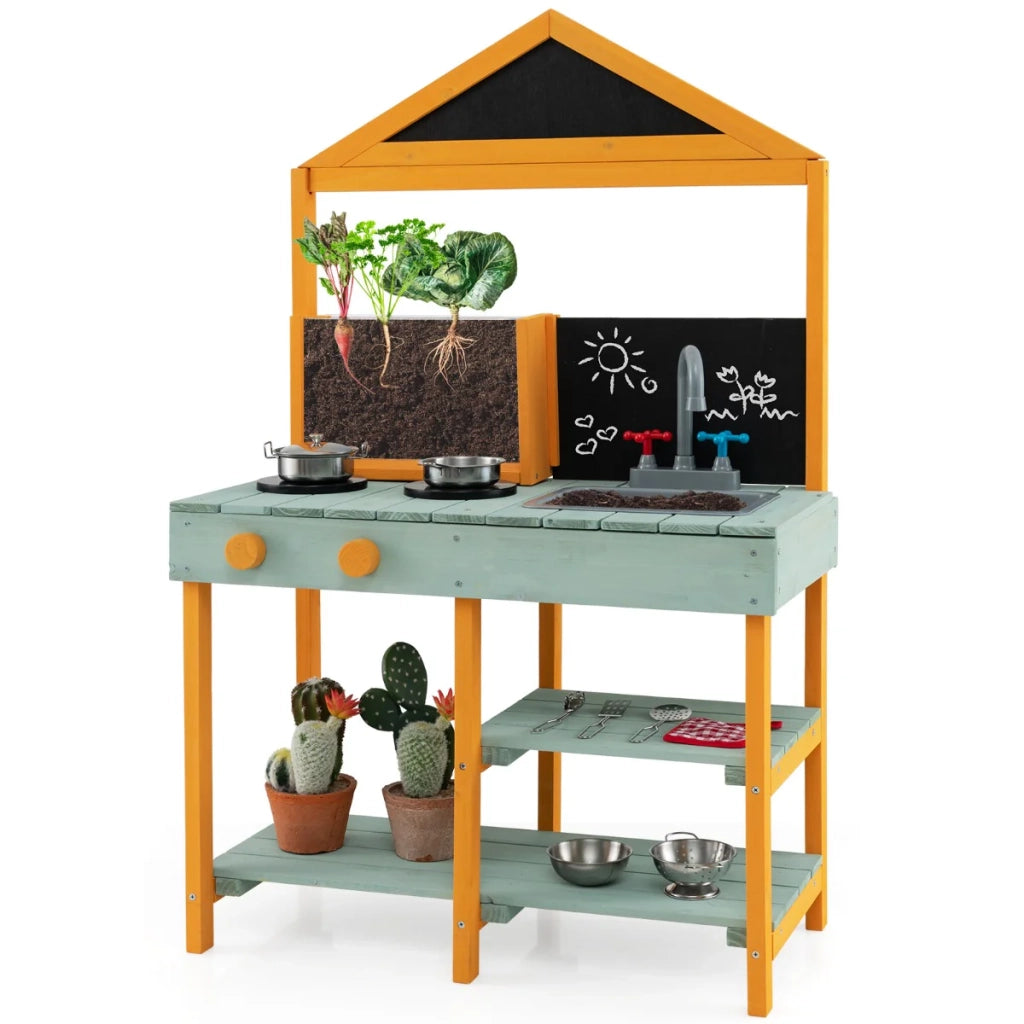 Cucina da esterno per bambini 69 x 36 x 110 cm con rubinetto funzionante e vaso trasparente in legno di abete multicolore 20_0020121