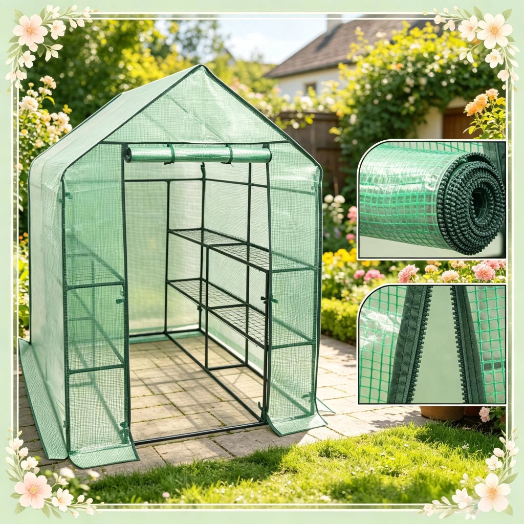 Serra a tunnel in polietilene e acciaio con porta frontale a cerniera verde 143 × 143 × 195 cm