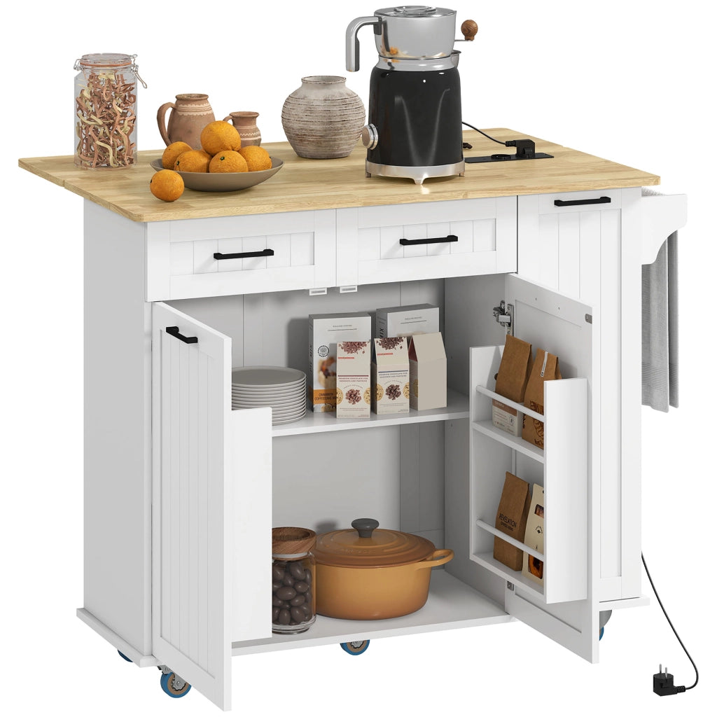 Carrello da Cucina con Ruote ¨C Xylo ¨C Presa USB, Ripiano Ribaltabile, 2 Cassetti, 119,5x74x94,5 cm Bianco