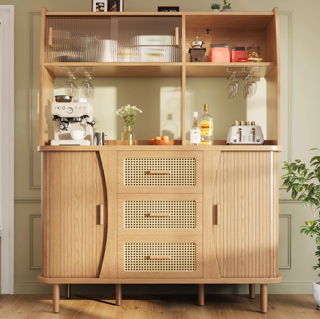 Credenza alta con ante scorrevoli in vetro e 3 cassetti