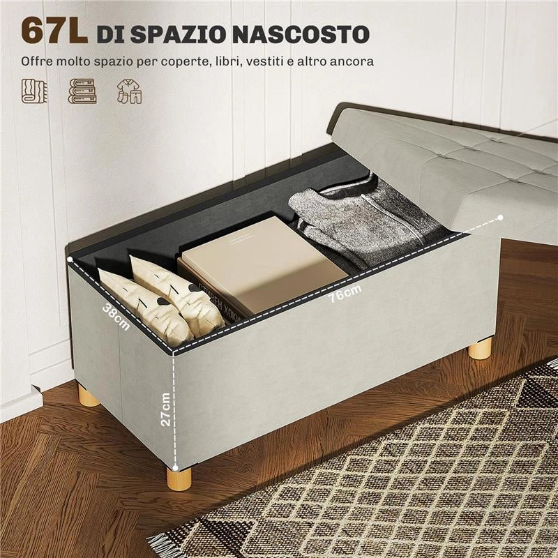 PANCA CONTENITORE PIEGHEVOLE DA 67L, COPERCHIO IMBOTTITO E RIVESTIMENTO VELLUTATO, 76X38X38CM, CREMA
