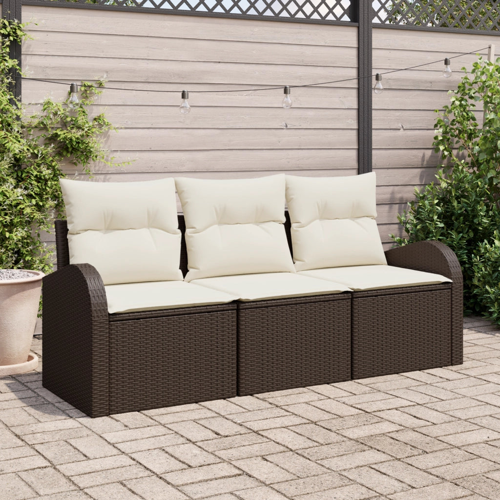 Set Divano da Giardino  3 Pezzi con Cuscini Rattan Poliestere Marrone