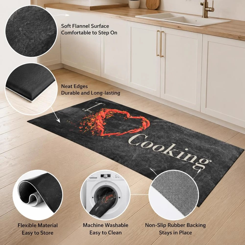 Washable Kitchen Rug, Cooking Design, Black, 60x180 Cm, Velvet