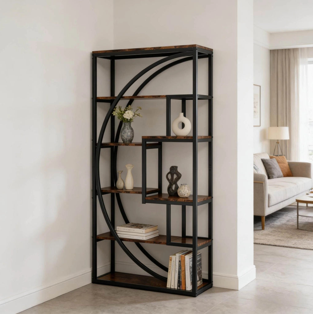 Libreria geometrica a 6 livelli in metallo nero e legno marrone rustico
