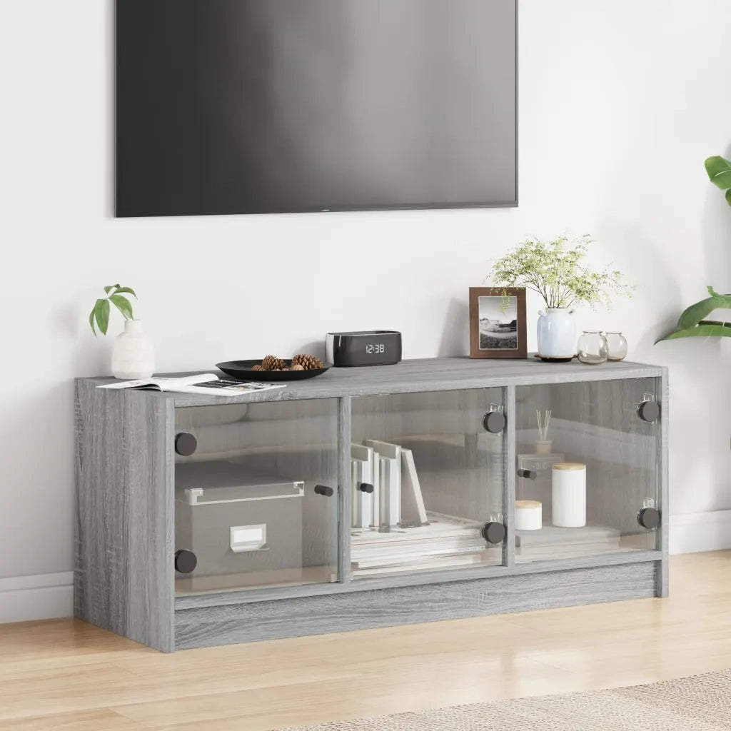 Mobile Porta TV con Ante in Vetro Grigio Sonoma 102x37x42 cm 836411