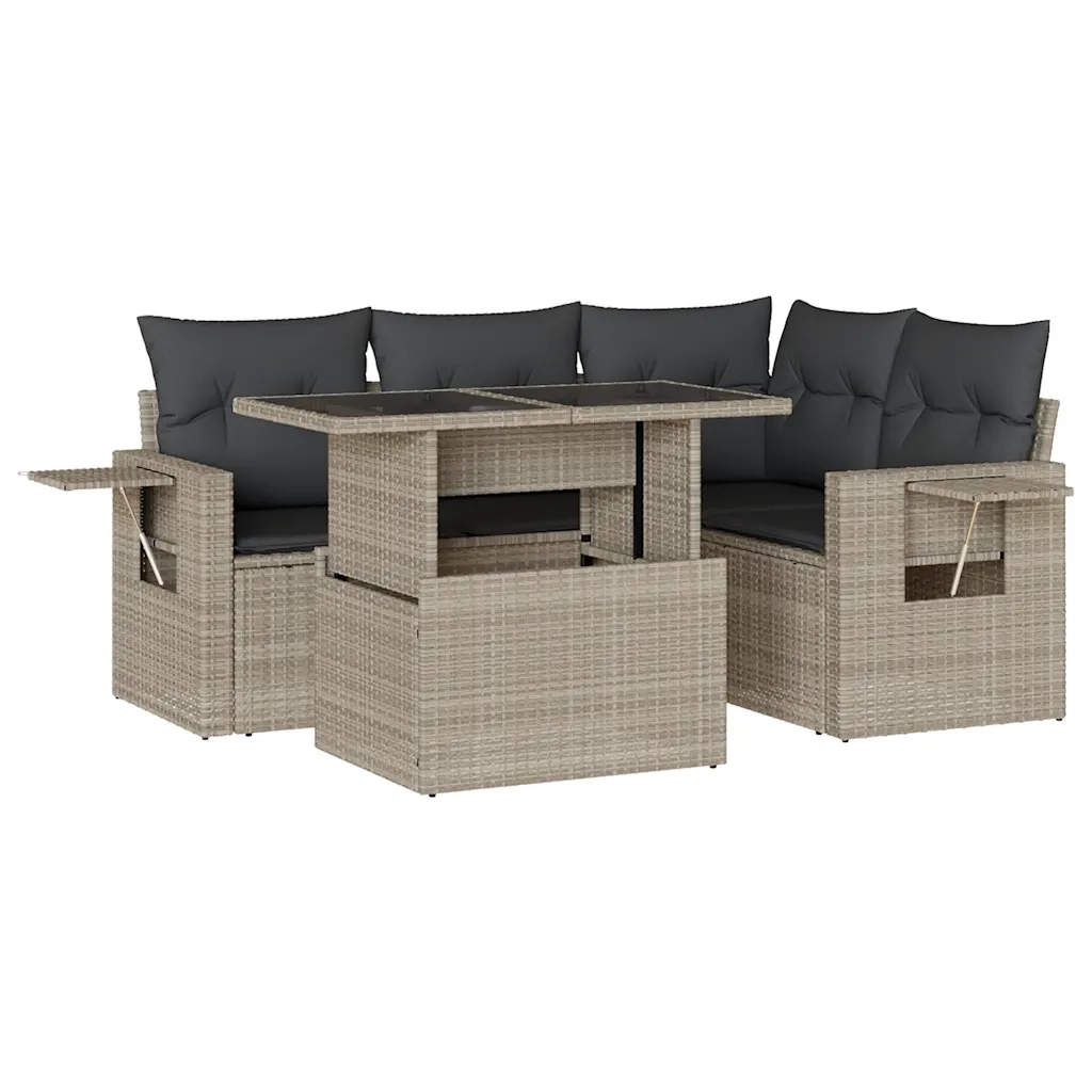Set Divano da Giardino 5pz con Cuscini Grigio Chiaro Polyrattan