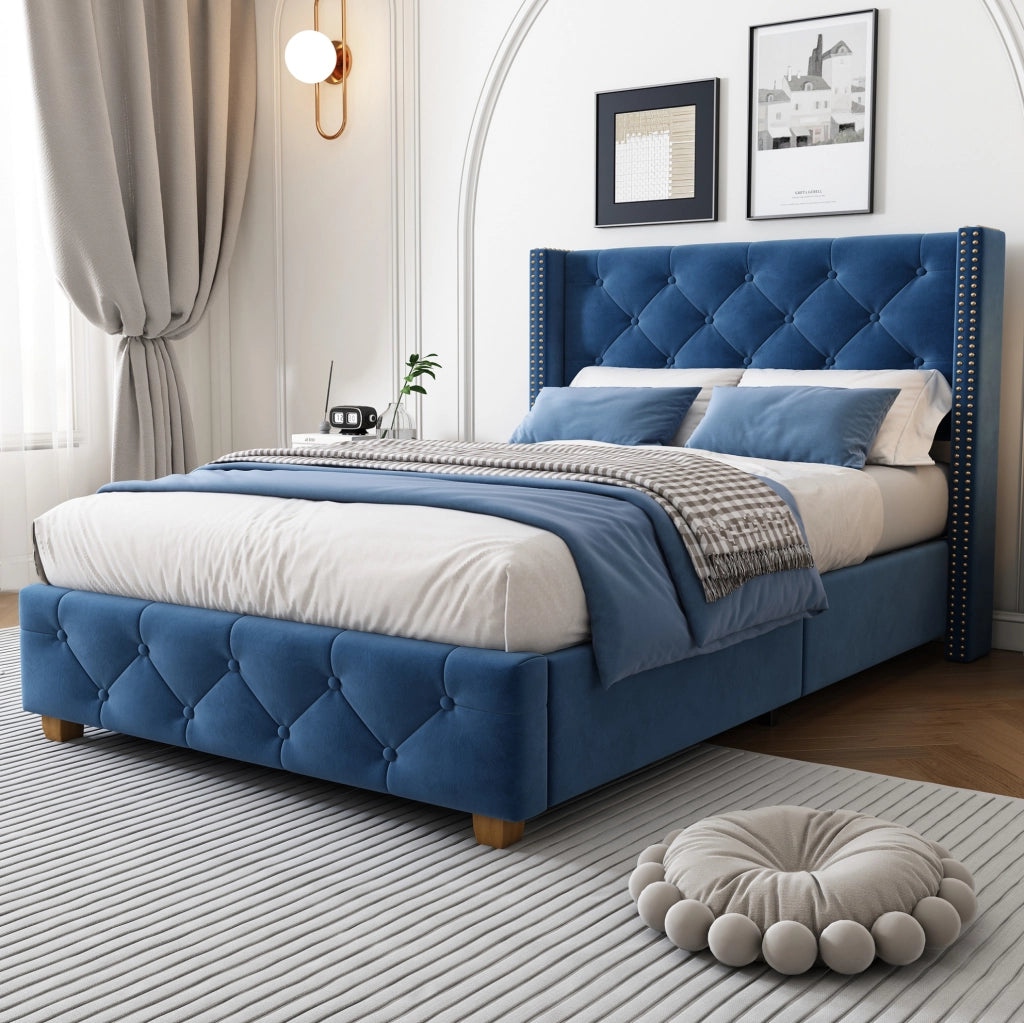 Letto imbottito 90x200 cm con testiera e rete; bottoni e borchie; velluto blu (Senza materasso)