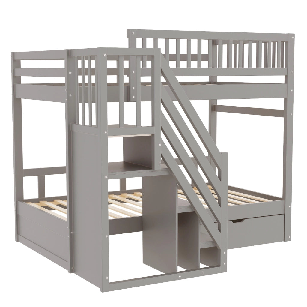 Letto a castello in legno massiccio con scala contenitore e cassetti, 90x200 cm