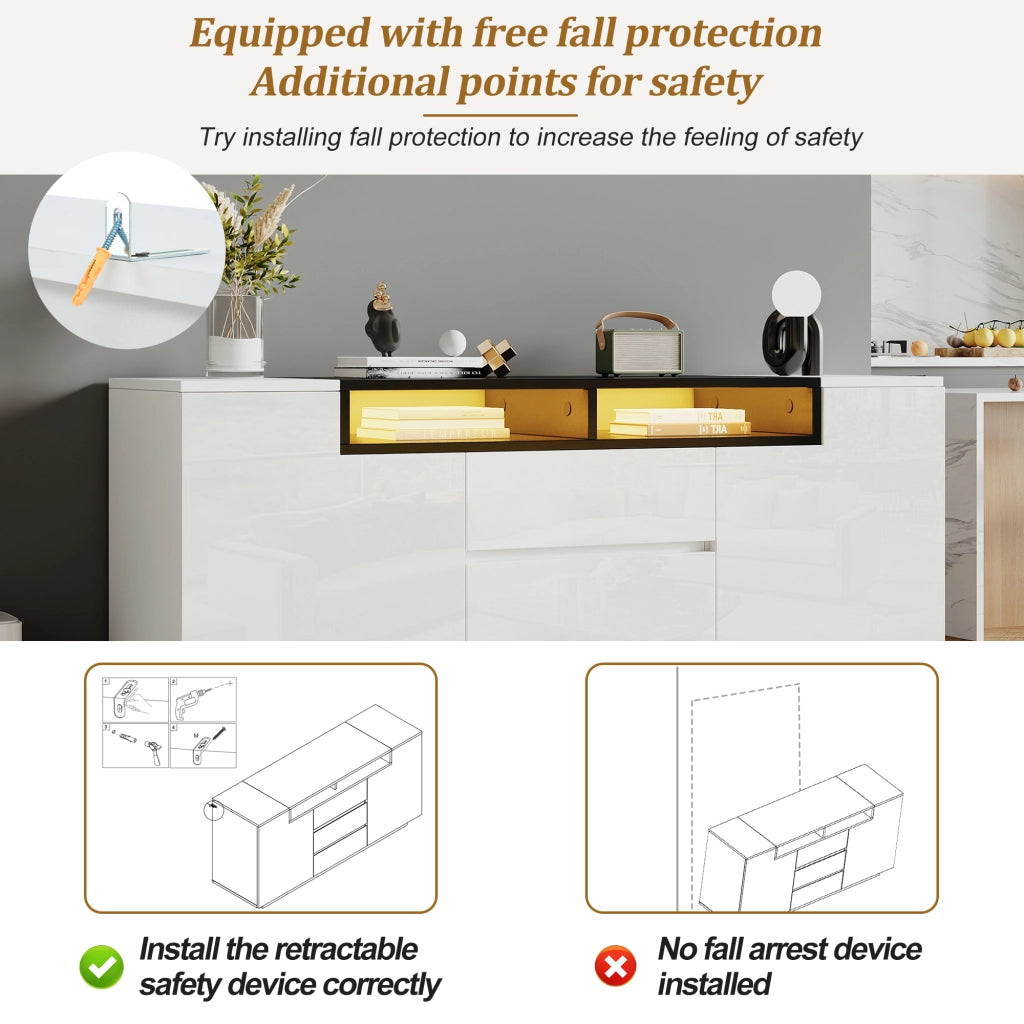 Credenza e madia con 2 ante, 3 cassetti, vani aperti e LED, per soggiorno, bianco e nero 140 × 40 × 68 cm
