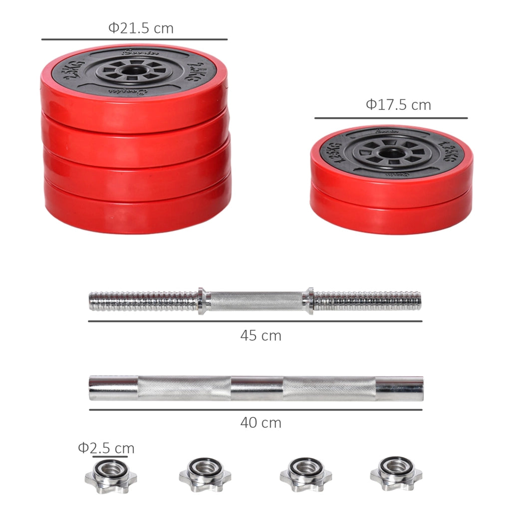 Set Bilanciere 2 Manubri 8 Dischi 15 kg Rivestimento in Plastica Rosso e Nero
