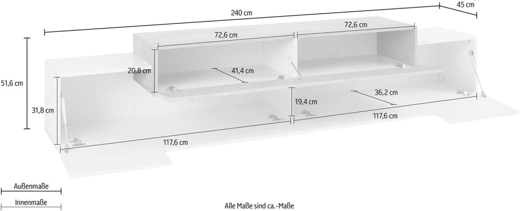 Mobile Tv 3 Ante a Ribalta 240x45x51,5 cm Coro Bianco Lucido/Bianco