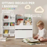Scaffale Portagiochi con 6 Cesti, 3 Ripiani e Box Inferiore, in Legno, Plastica e Acciaio, 100x30x80 cm, Bianco