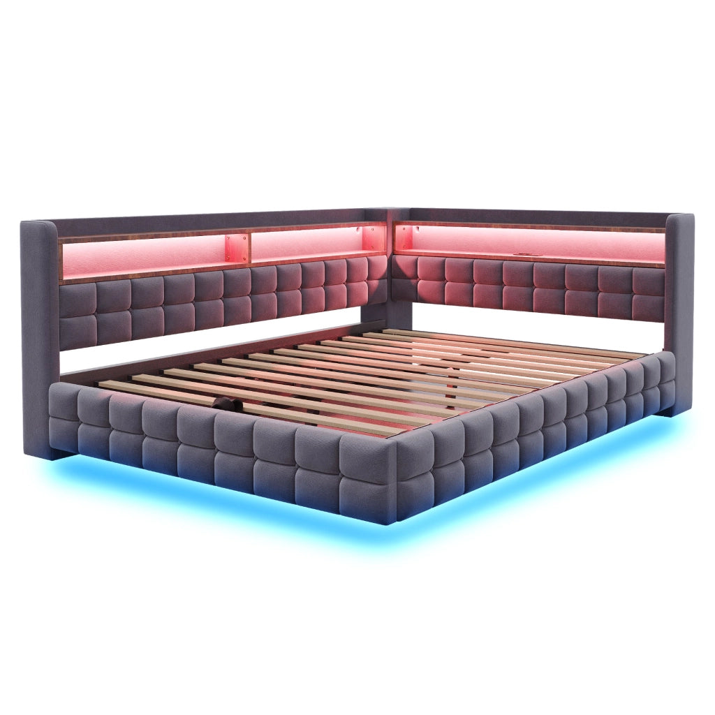 Letto imbottito 140x200 in velluto grigio con contenitore idraulico; mensole; LED e prese USB