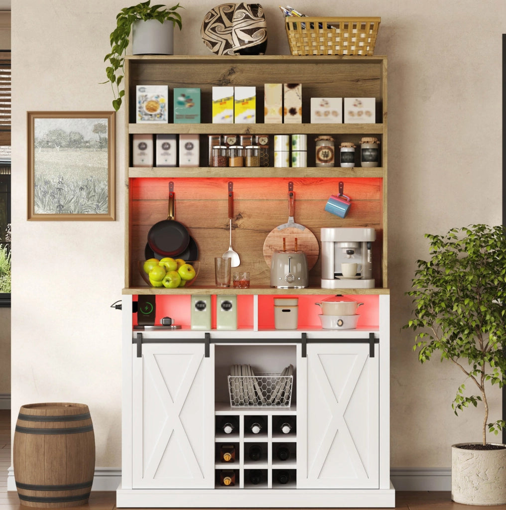 Colonna cucina con LED RGB, prese USB e vetrina, 110x40x191 cm