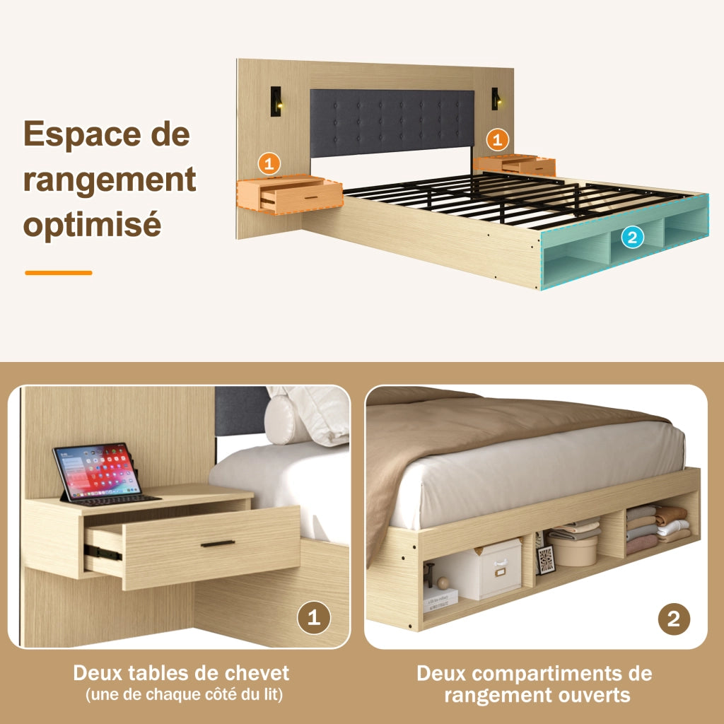 DESMIU Lit adulte 160 × 200 cm avec USB, Type-C, lampada da lettura et 2 comodini, sans matelas, in MDF, rovere chiaro