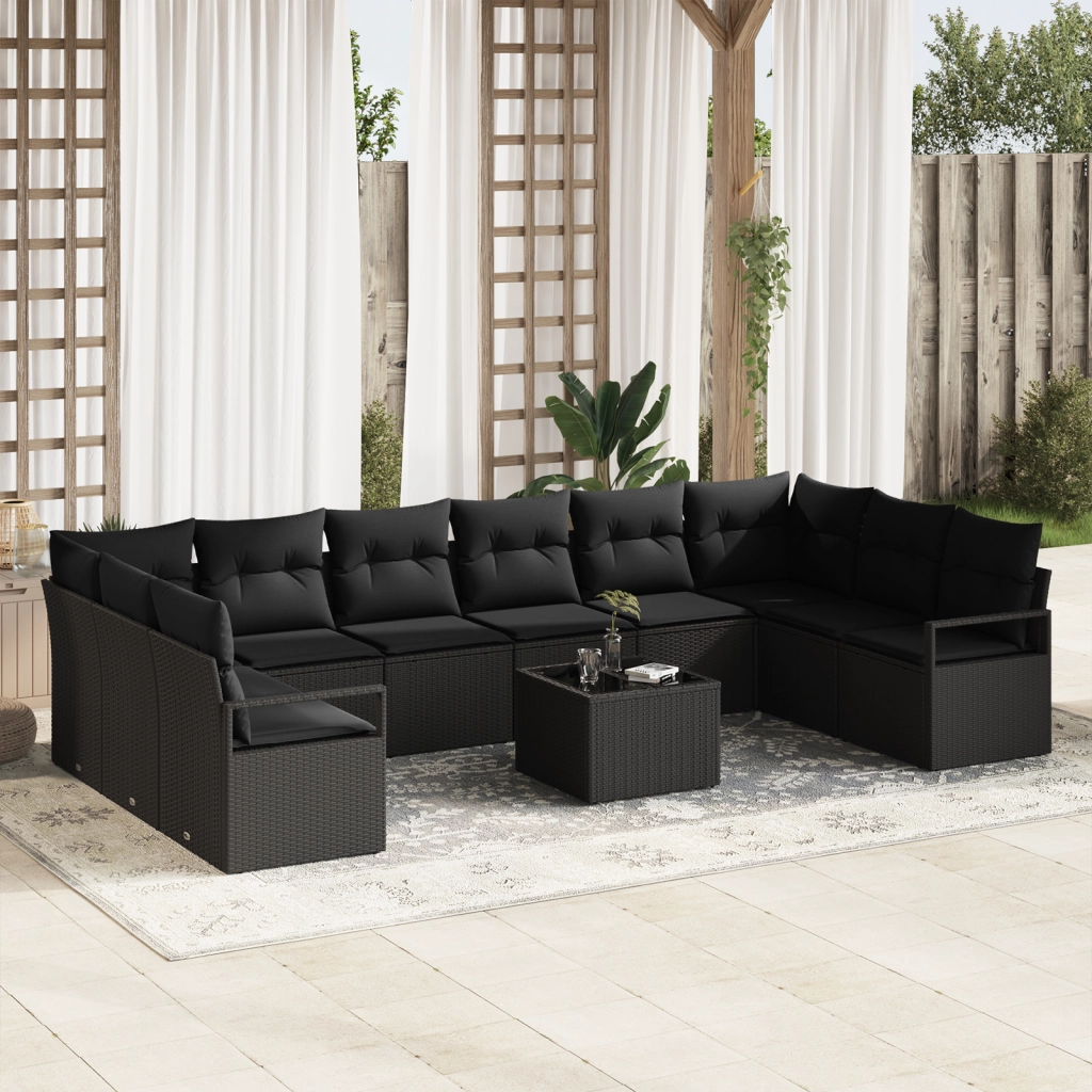 Set Divano da Giardino  11 Pezzi con Cuscini Rattan Polirattan Beige