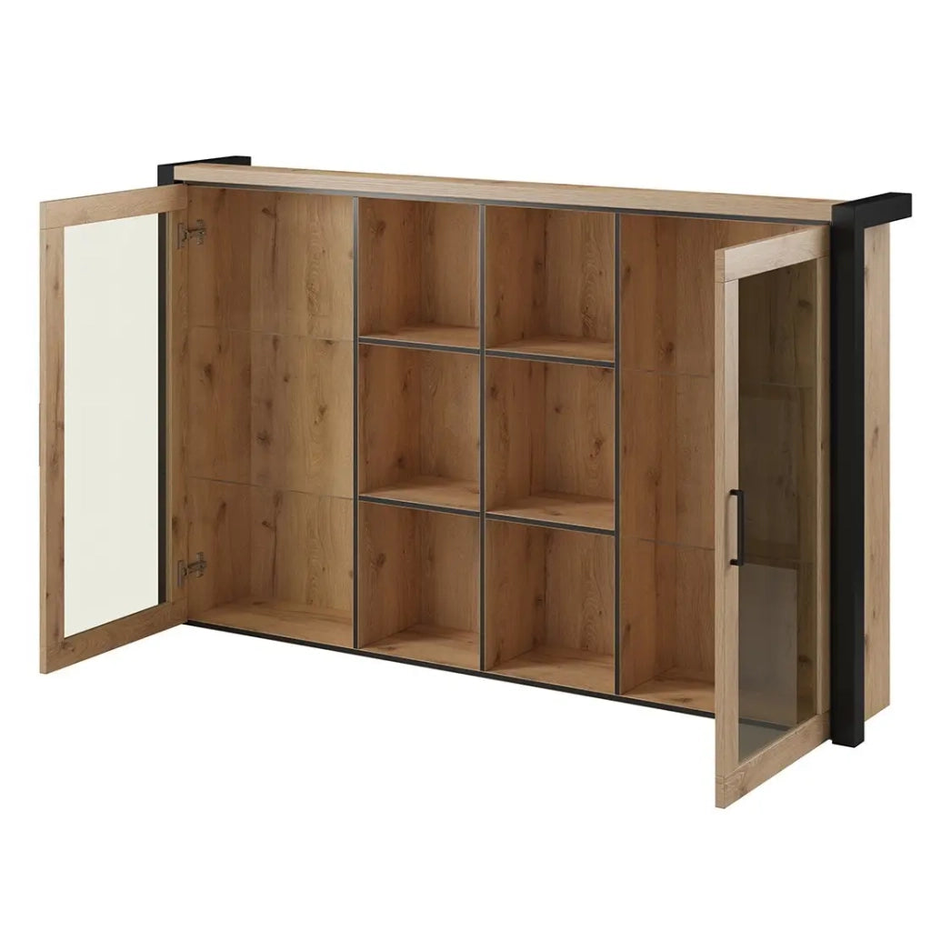 Credenza collezione TIVORA. 2 porte e 6 vani centrali. Colore quercia e nero.