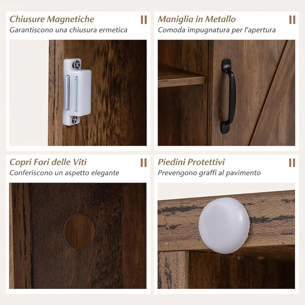 Tavolino Laterale da Salotto, Comodino Rustico con Stazione di Ricarica, Ripiano Regolabile e Porta da Fienile, Tavolino Versatile per Camera da Letto e Soggiorno (Marrone)