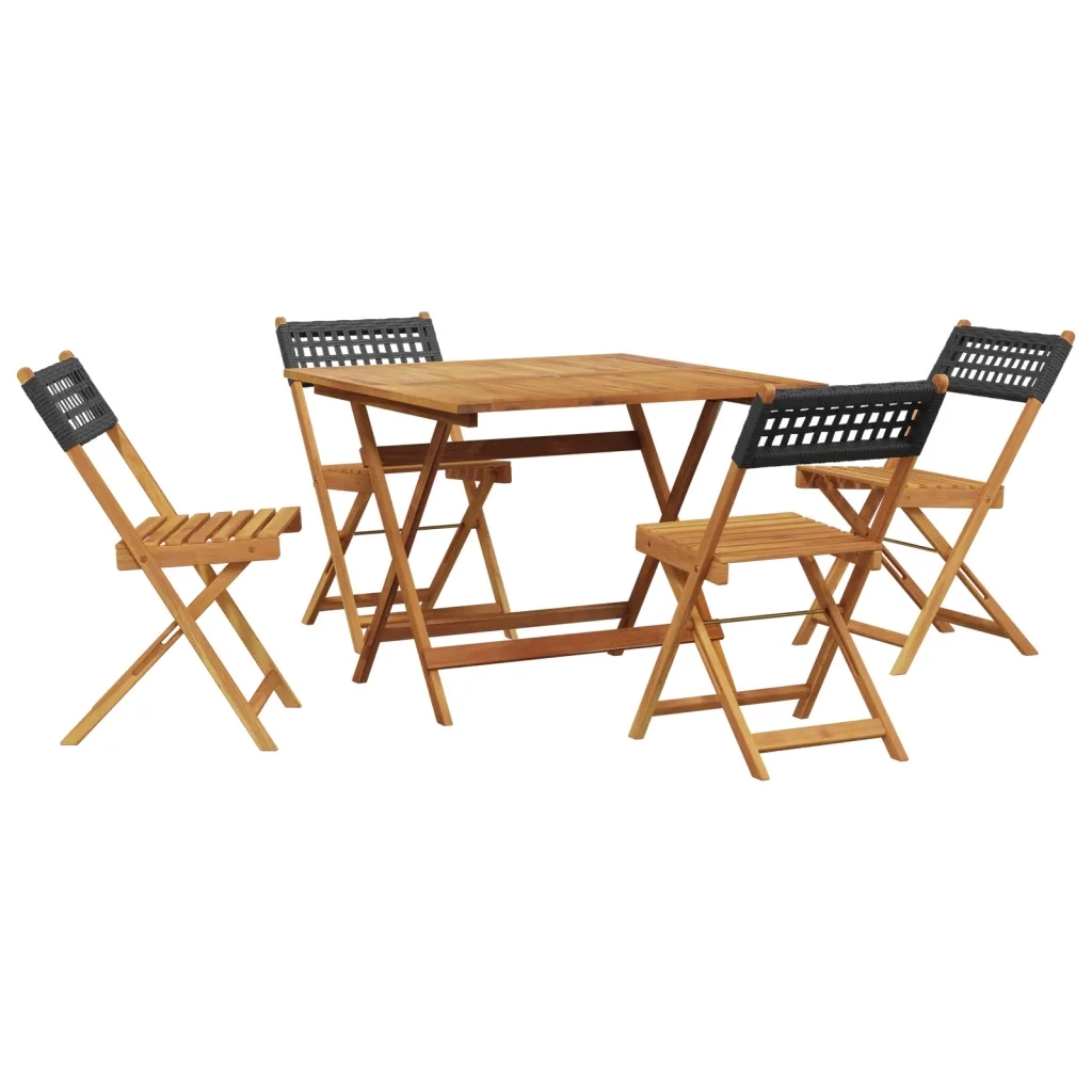 Set da Pranzo per Giardino 5pz Nero Polyrattan e Legno Massello