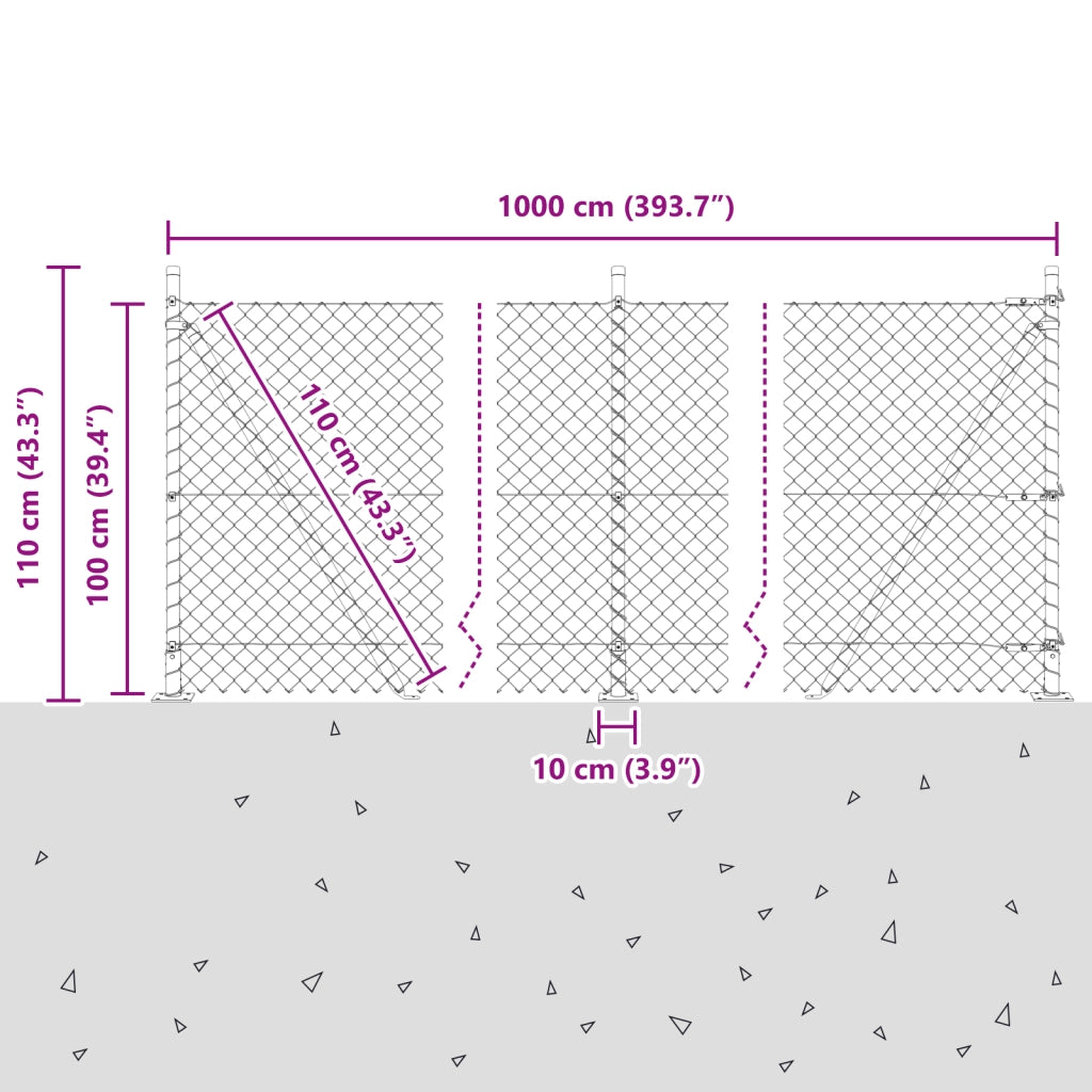 Recinzione a maglie di catena con 7 pali flangiati 1x10 m in acciaio galvanizzato
