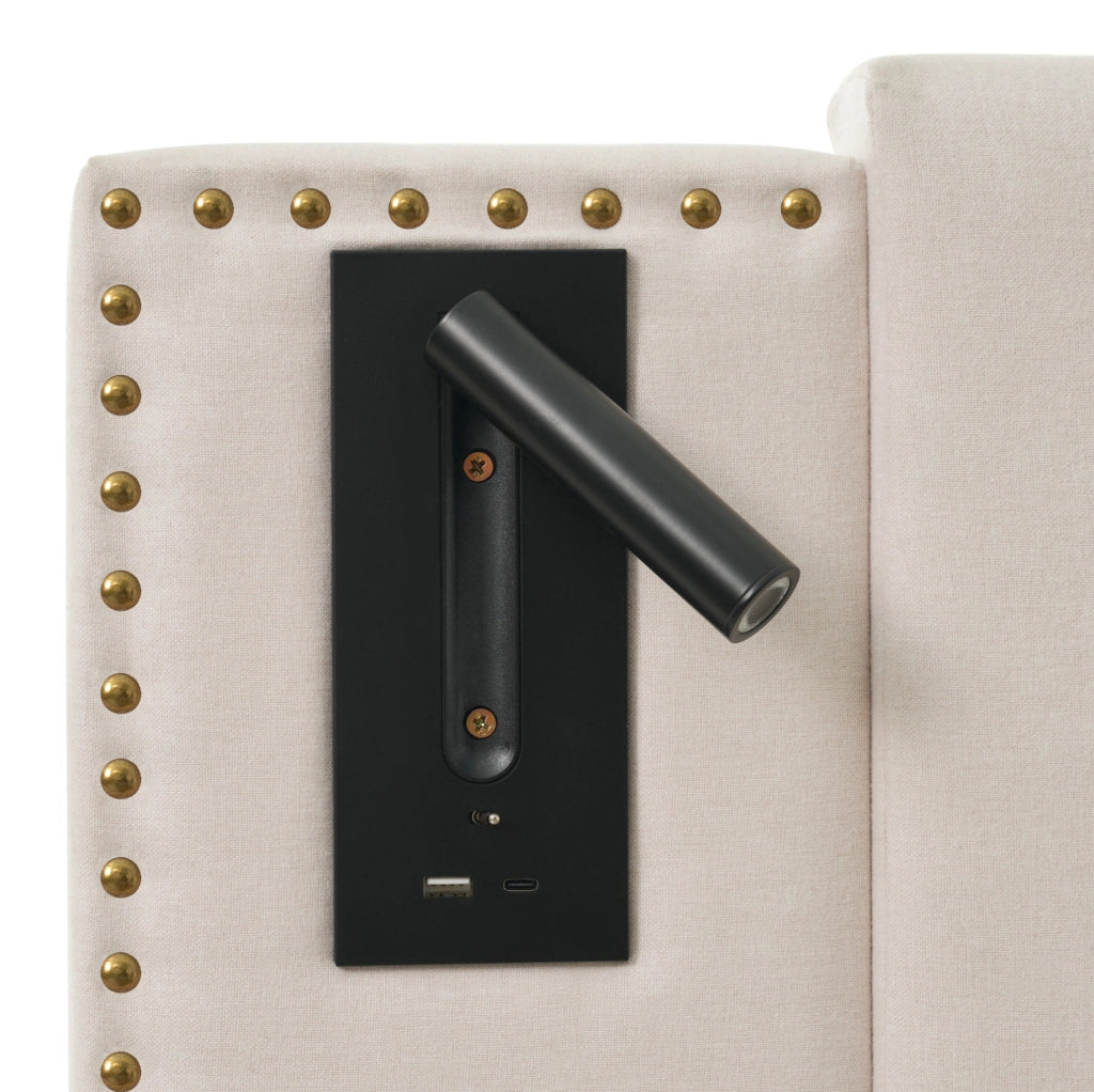 Letto matrimoniale 160x200 cm con contenitore; testiera regolabile con luci da lettura e porte USB; beige
