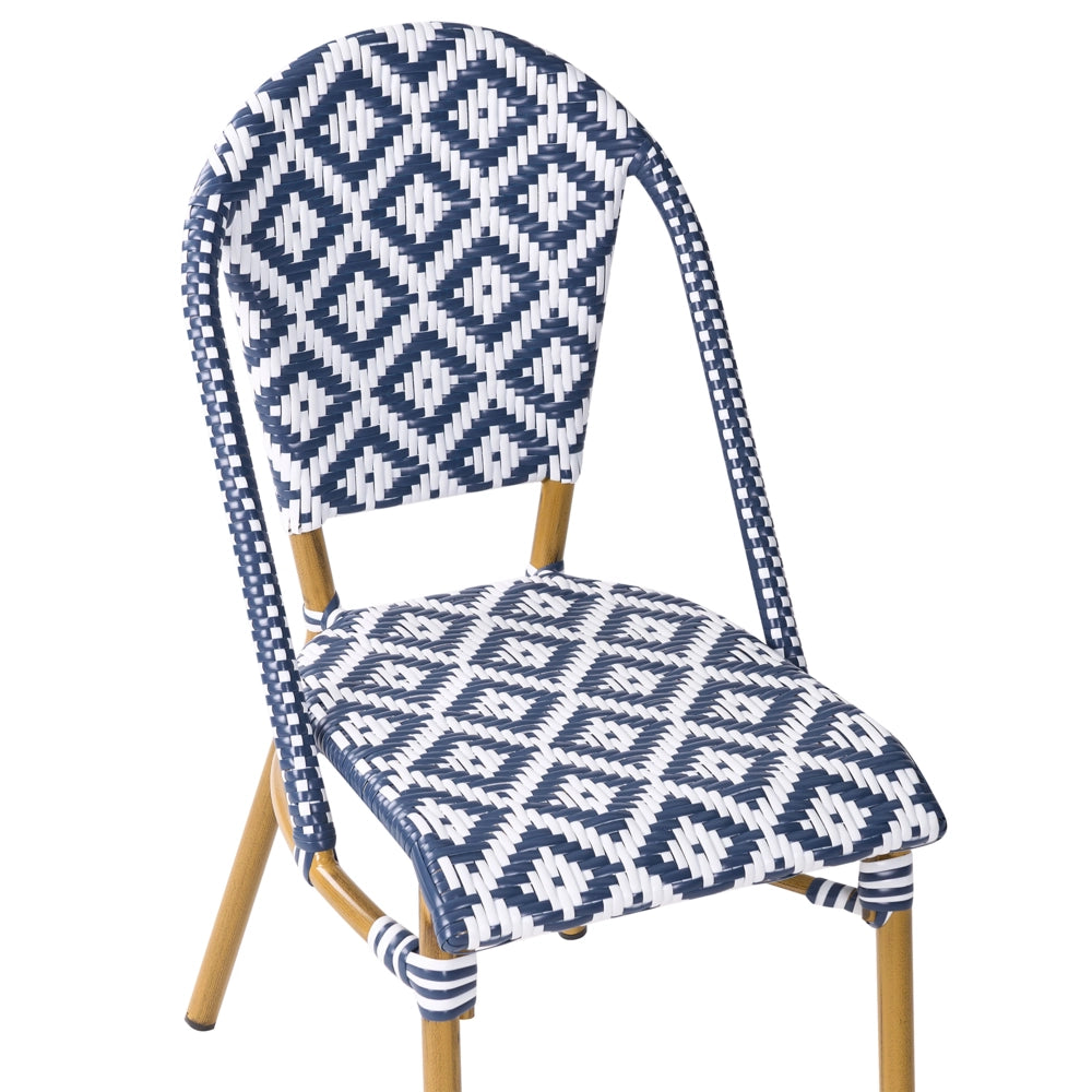 Set da pranzo da giardino a 4 posti Piano in rattan sintetico blu e bianco Tavolo ø 70 e 4 strutture in alluminio impilabili