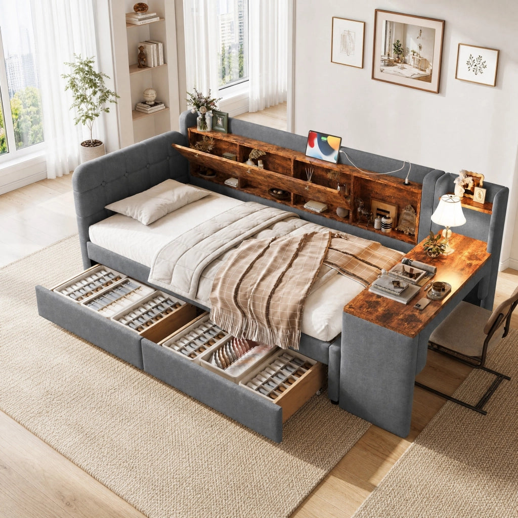 Letto singolo 90x200 cm grigio con scrivania, USB-C e cassetti