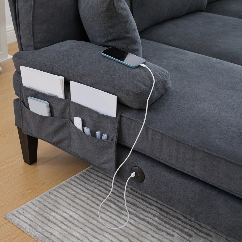 Divano angolare a U 4 posti in tessuto effetto lino; 250x130x88 cm; grigio scuro