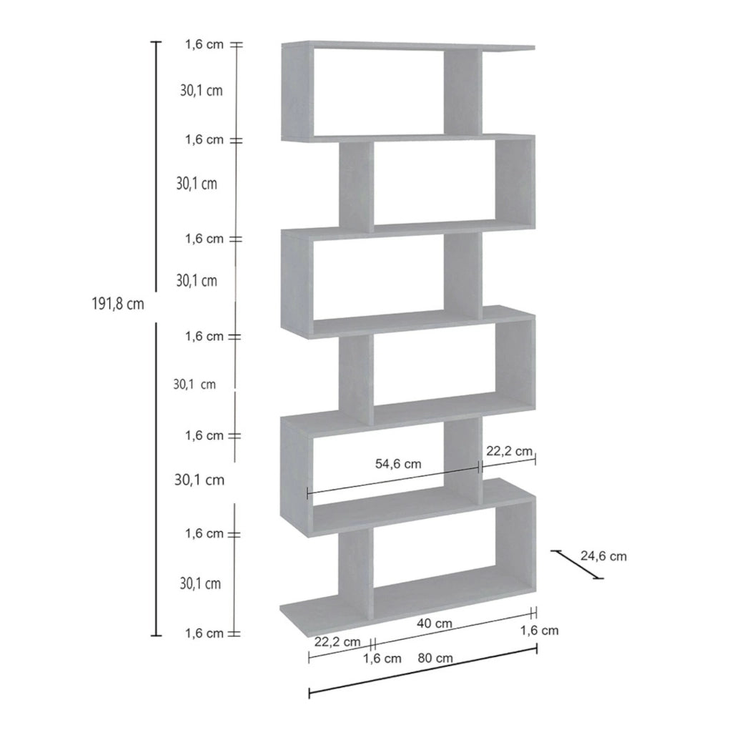 Libreria alta bifacciale a 6 Alowha, Made in Italy, Scaffale per libri e documenti, Libreria a zig zag da ufficio, cm 80x25h192, Grigio Cenere