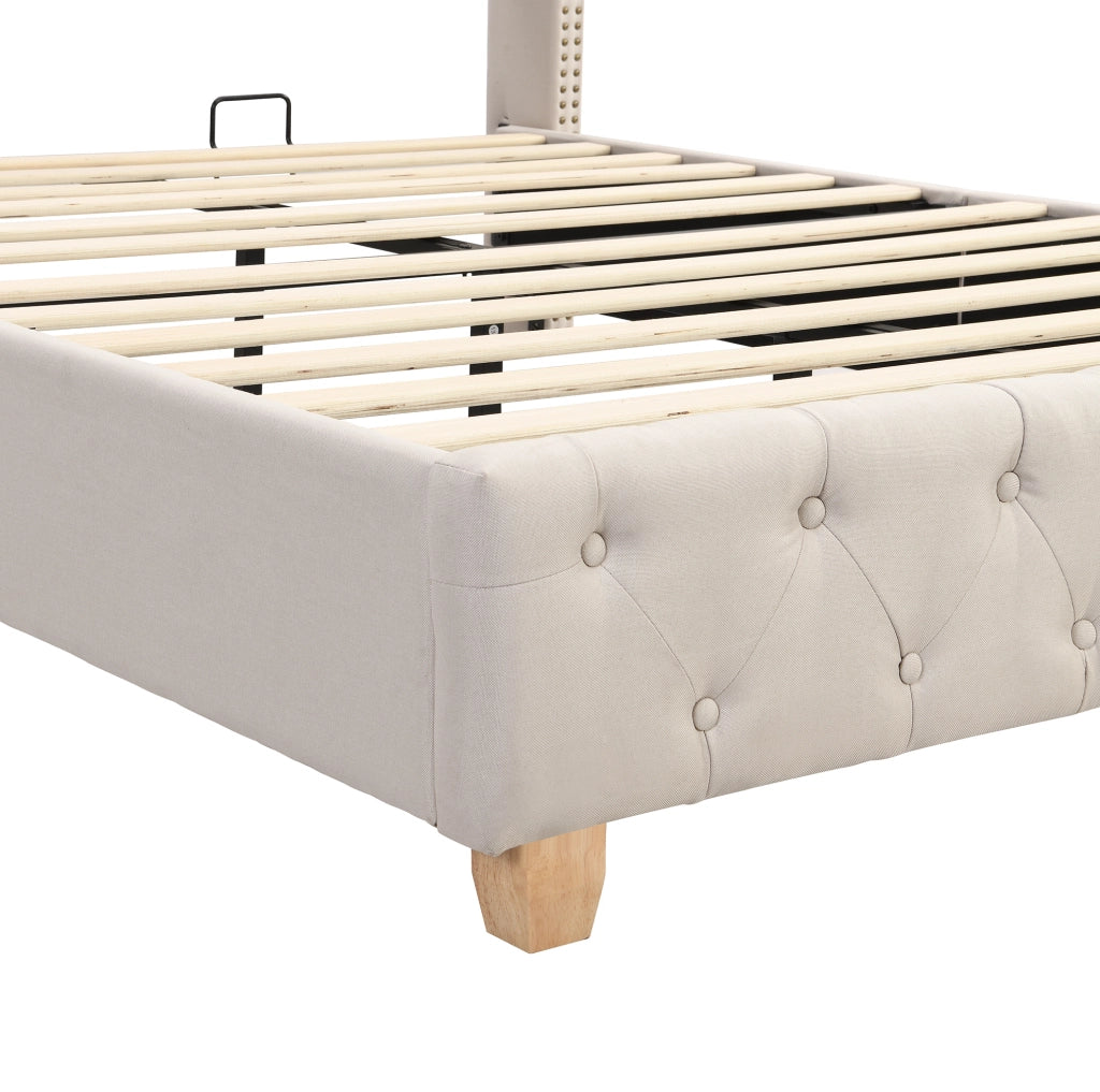 Letto matrimoniale imbottito 140x190 cm in lino beige con rete a doghe e testiera capitonné