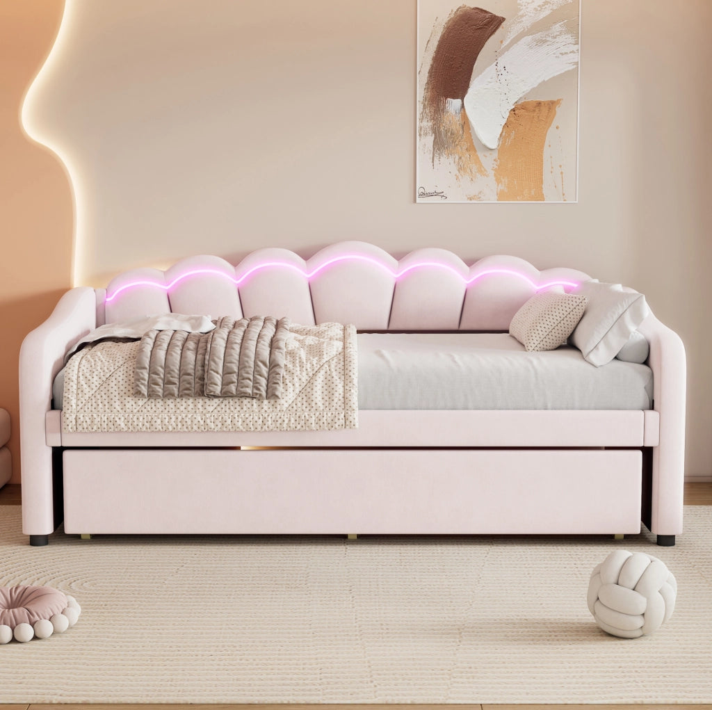Divano letto 90x200 cm estraibile; LED; velluto; rosa (Senza materasso)