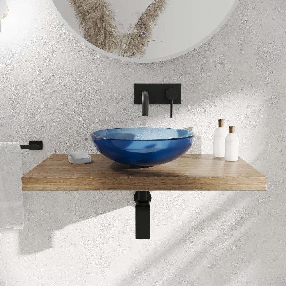 Lavabo da appoggio in vetro trasparente 39,5x39,5x14cm color blu | Aurea