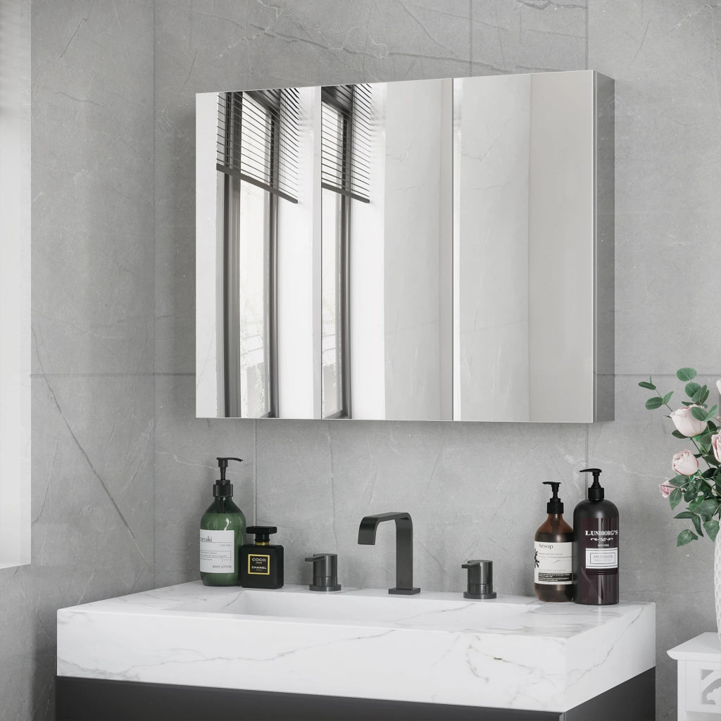 Mobiletto bagno con specchio a 3 ante e 3 ripiani interni, acciaio inox, 70x12x55 cm, argento