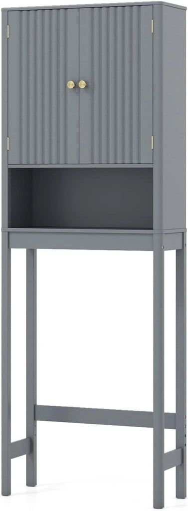 Mobile Bagno Sopra WC, Scaffale per Lavatrice Salvaspazio con 2 Ante, Mensola Aperta e Ripiano Regolabile, Armadietto Sopra Gabinetto in Legno, 60 x 23 x 168 cm (Bianco)