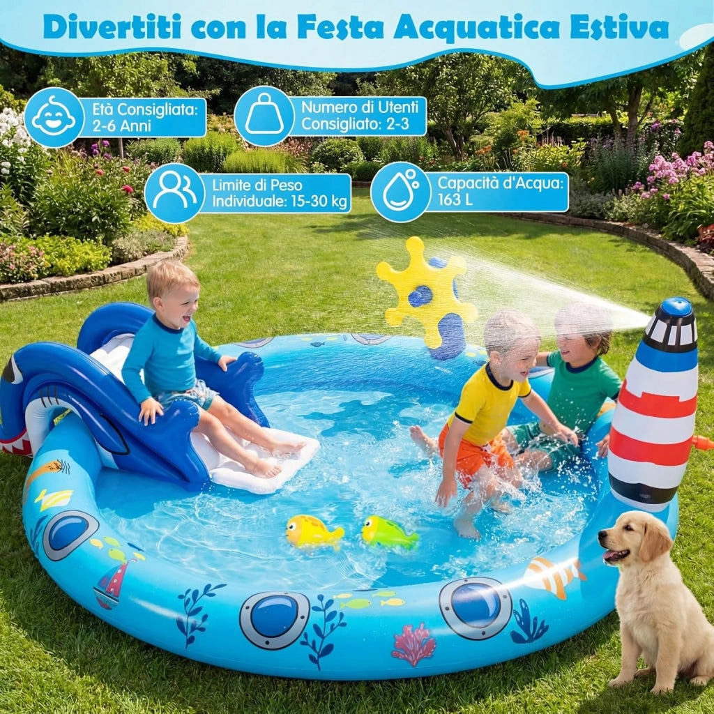 Piscina Gonfiabile per Bambini, Piscinetta Fuori Terra a Tema Marino con Spruzzo, Scivolo e 2 Pesciolini Giocattolo, Parco Gioco Acquatico Esterno per Giardino e Cortile, per Bambini 2-6 Anni