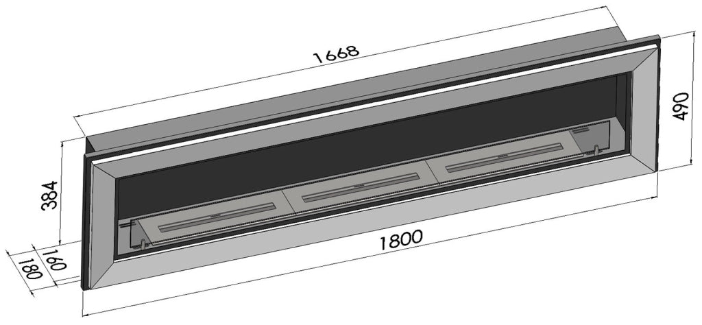 Camino a Bioetanolo da Parete/Incasso 180x49 cm Frame 1800 Nero con Vetro