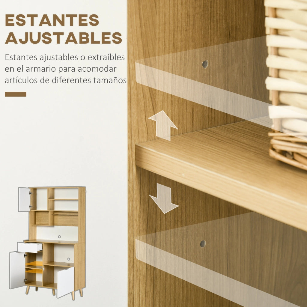 Armadio da Cucina con 3 Ante, Cassetto e Ripiano Aggiustabile ¨C Zephmum ¨C 93x40x180 cm Legno Naturale