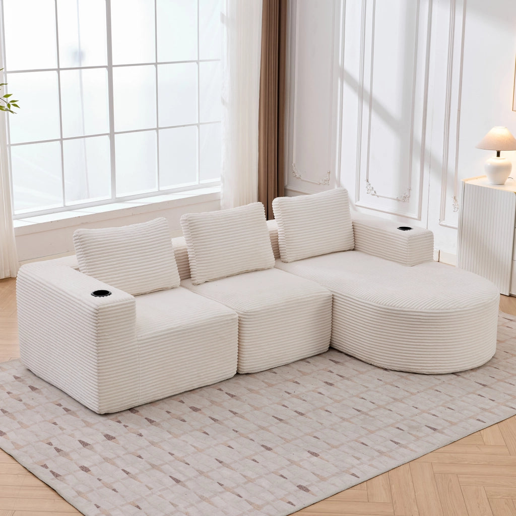 Divano lineare 2 posti con 3 cuscini e 2 portabicchieri, tessuto in poliestere, Beige 265 cm