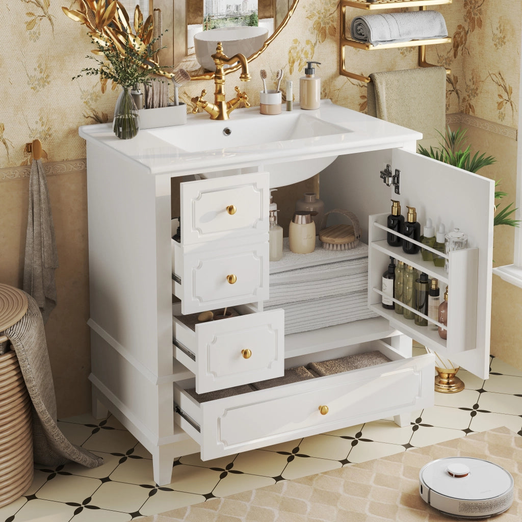 Mobile sottolavabo con lavabo in ceramica, 3 cassetti, vano con ripiano e maniglie oro, per bagno, 76,5 × 47 × 87,5 cm